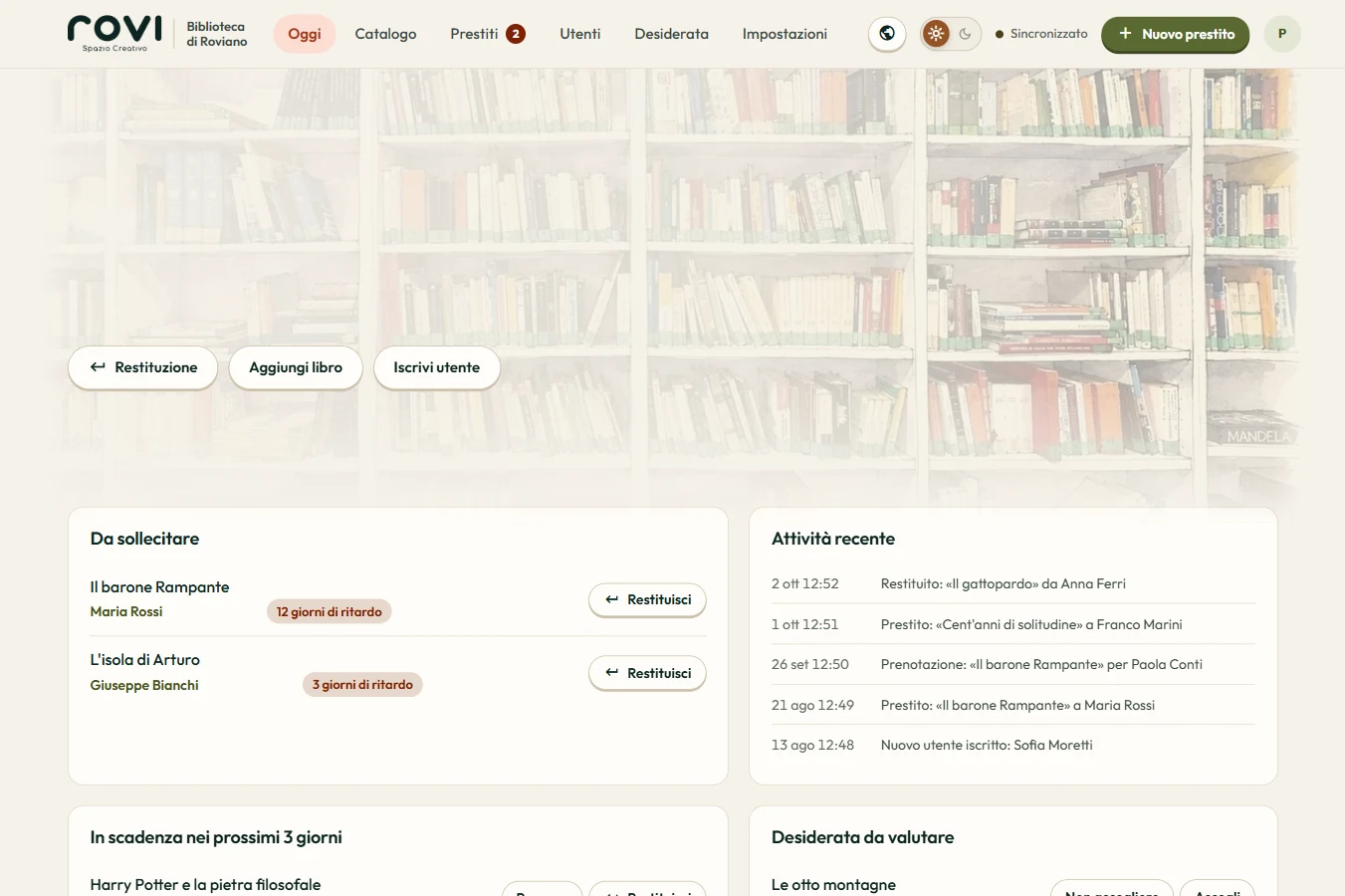 Home del gestionale di Rovi Biblioteca su computer, con dati di esempio