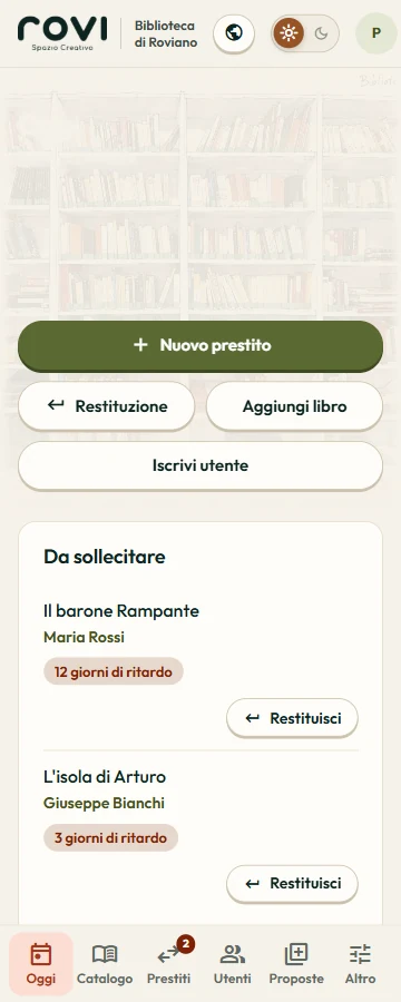 Home del gestionale di Rovi Biblioteca su telefono, con dati di esempio