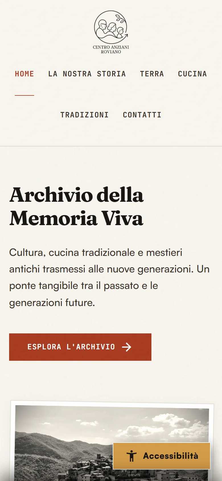 Home dell'Archivio della Memoria Viva su telefono