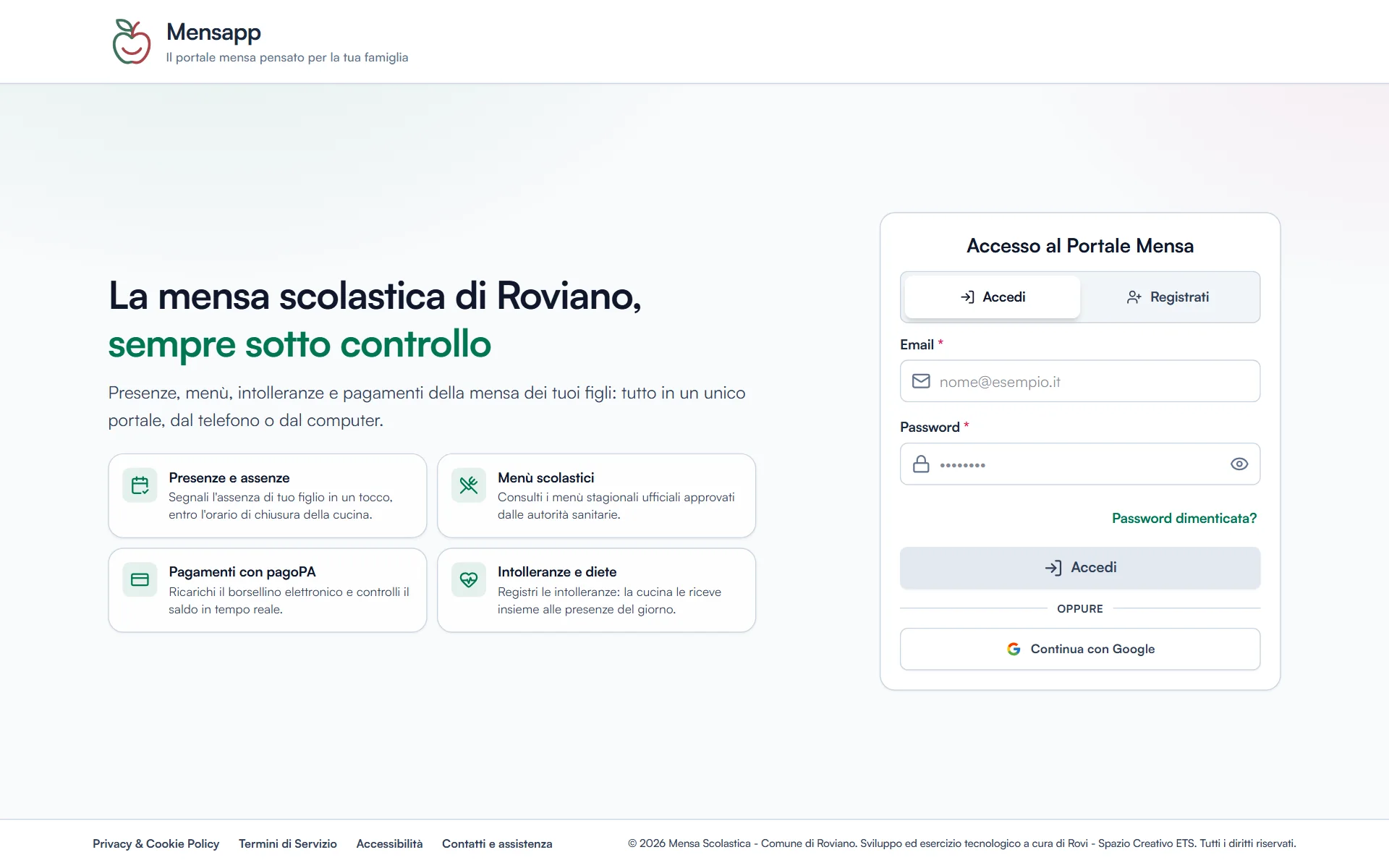 Home di Mensapp su computer: accesso al portale mensa con presenze, menù, pagamenti e diete