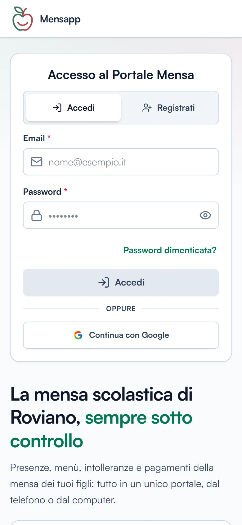 Home di Mensapp su telefono: accesso al portale mensa